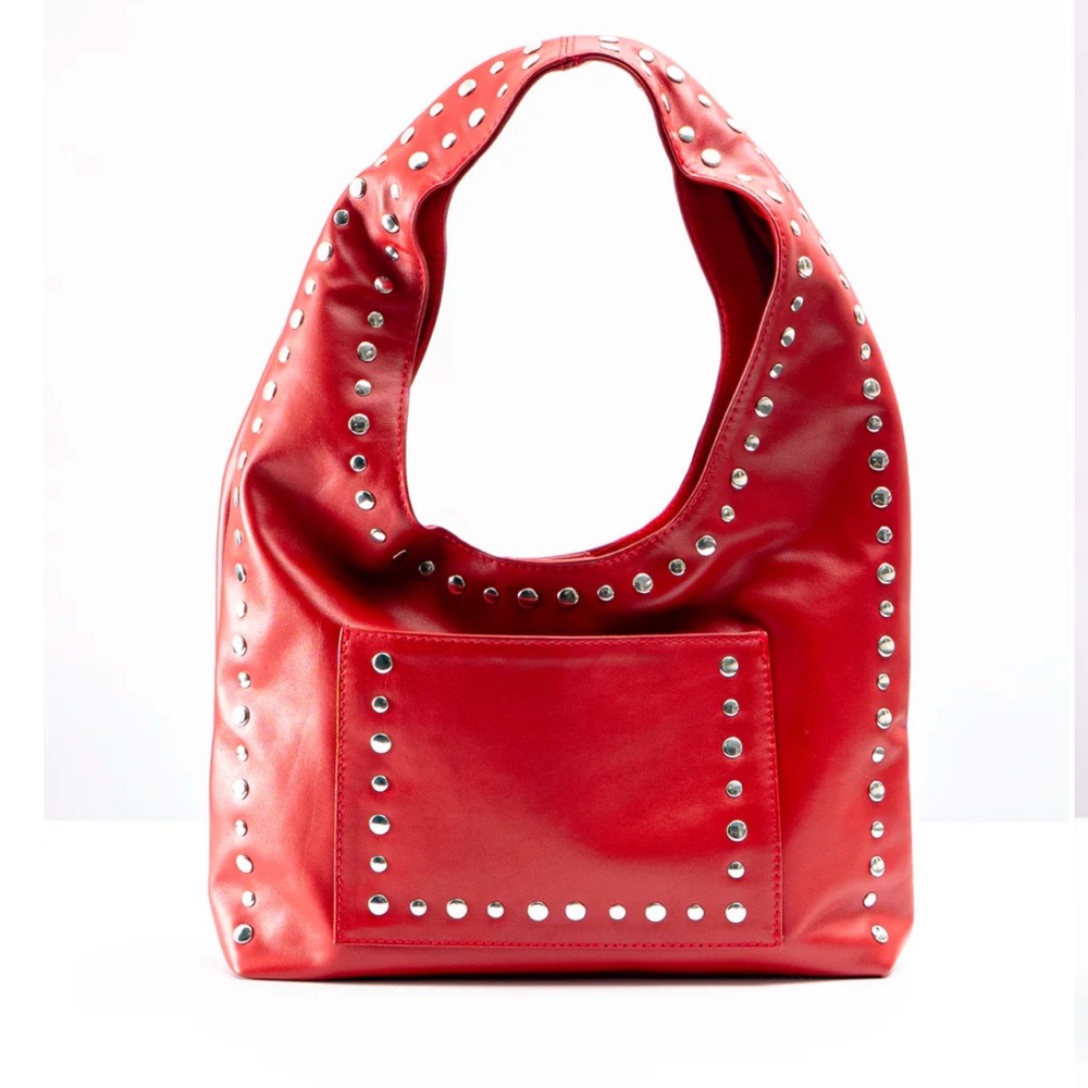 Full grain cowhide red Studded Hobo Bag